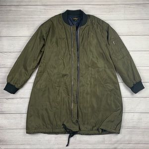 Camo Green Knee-Length Oversized Bomber Jacket